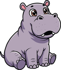 Obraz premium Adorable cartoon baby hippopotamus sitting and looking up with big expressive eyes vector illustration