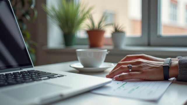 Female hand working in a modern office with laptop and coffee near window - Powered by Adobe