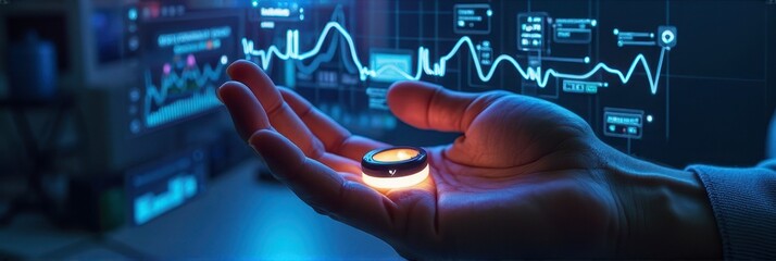 Futuristic smart ring in hand with digital data interface display