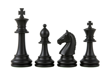 Black chess pieces including king, bishop, knight, and queen on transparent background, strategy concept.