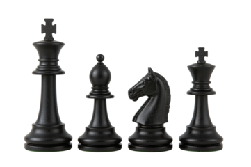Black chess pieces including king, bishop, knight, and queen on transparent background, strategy concept.