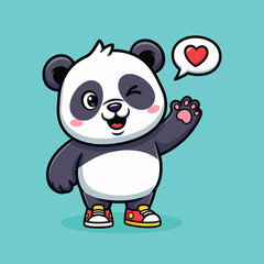Obraz premium Adorable cartoon panda waving hello and sending love with a heart bubble vector illustration