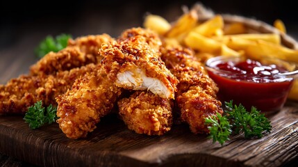 Honey BBQ chicken tenders crispy breading served with fries and dipping sauce