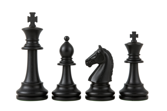 Black chess pieces including king, bishop, knight, and queen on transparent background, strategy concept.