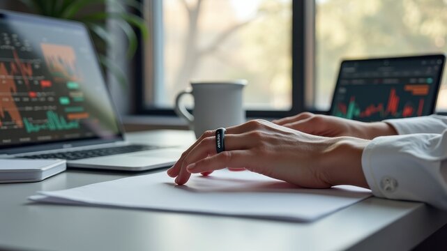 Close-up of hands on desk with laptops and financial graphs in office setting