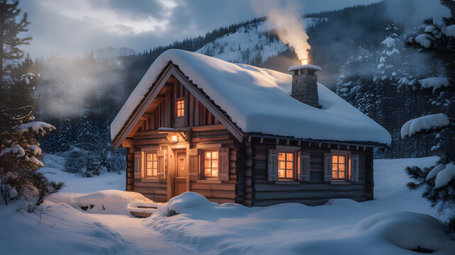 Cozy wooden cabin nestled in snowy mountains at twilight, warm light emanating from windows.