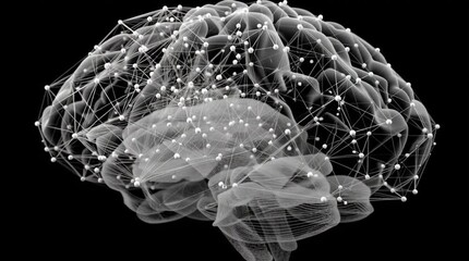 AGI. Artificial General Intelligence. A digital representation of a human brain with interconnected neural network nodes on a black background. - Powered by Adobe