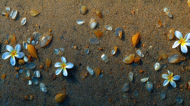 Delicate blossoms and beach treasures on sand.