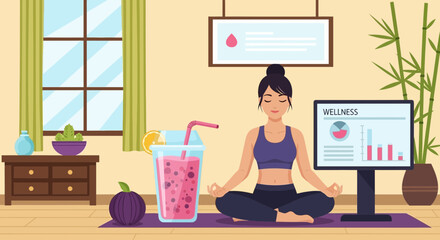 Mindful Woman Practicing Yoga With Smoothie And Wellness Data Displayed