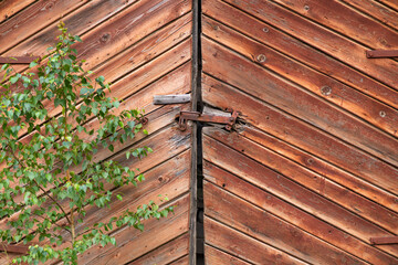 The photo shows a close-up of old wooden gates with diagonal planking set into a brick wall.
