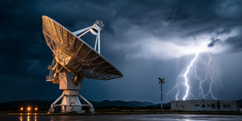 Satellite dish under lightning storm exploring digital transformation cloud computing trends and cybersecurity threats