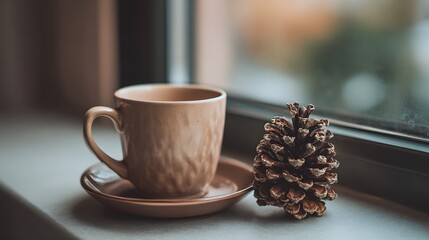 A light brown coffee cup and saucer rest beside a dried pine cone on a windowsill.