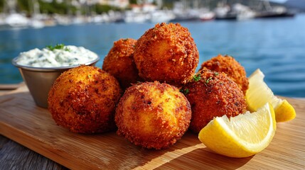 Hush puppies crispy golden crust served with tartar sauce and lemon slices coastal background