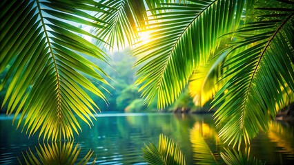 Obraz premium Sunlight filters through palm leaves onto a tranquil tropical waterscape