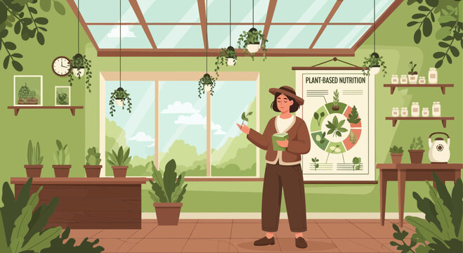 Woman Presenting Plant Based Nutrition In Greenhouse Environment