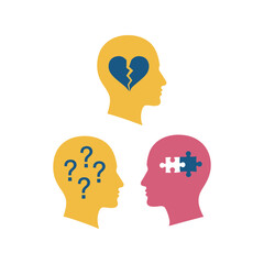 Mental health awareness icons, broken heart, confusion, and solution concept