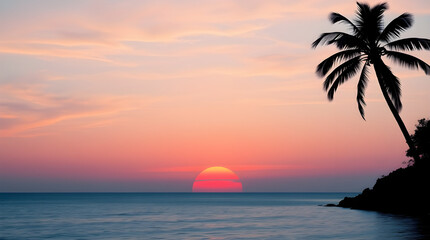 Molten Sun Horizon: Tropical Sunset's Fiery Embrace - Witness the majestic finale of a tropical day as a large, molten sun dips below the horizon, casting a breathtaking glow across the calm ocean