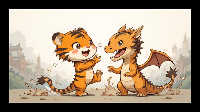 A silly and adorable chibi tiger vs. dragon battle, where both characters have exaggerated puffy cheeks and oversized heads. The tiger, standing on its hind legs, flails its little arms