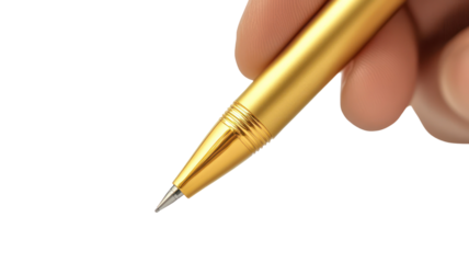 Girl Hand Writing with a Gold Ballpoint Pen on Transparent Background

