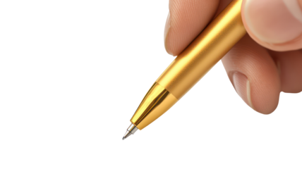 Girl Hand Writing with a Gold Ballpoint Pen on Transparent Background

