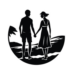 couple holding hands silhouette walking on beach