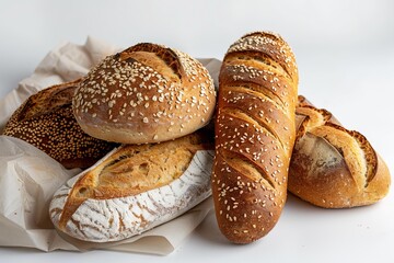 Different kinds of freshly baked loaves of bread are resting on baking paper against a white background