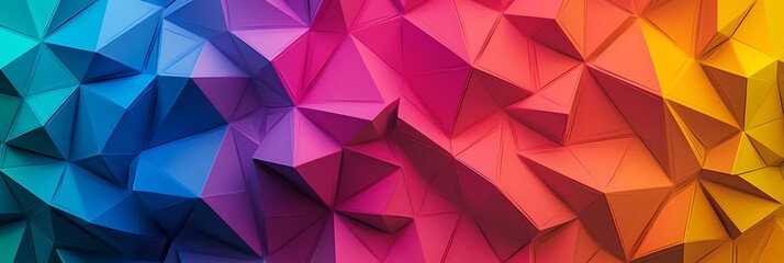 Obraz premium A vibrant geometric abstract design with interconnected triangular shapes in a gradient from blue to purple, red, orange, and yellow tones.