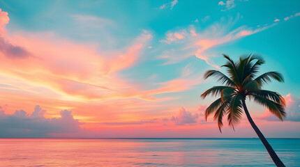 Obraz premium The gentle reflection on the water enhances the dreamlike quality of this tropical evening scene, perfect for illustrating themes of escape, tranquility, and the beauty of nature's artistry