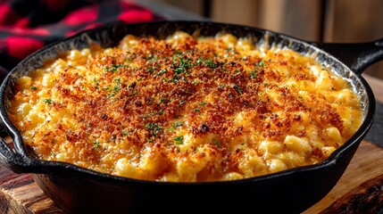 Mac cheese with a golden breadcrumb crust bubbling in a cast iron pan cozy comfort food vibe