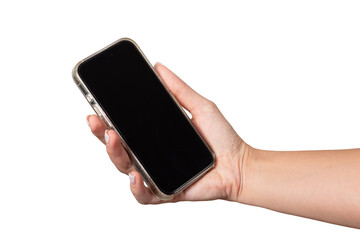 Caucasian woman's hand holding mobile smartphone isolated on white background