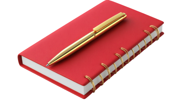 Gold Ballpoint Pen on Red Notebook Perfectly Set on White Background – High-Resolution PNG
