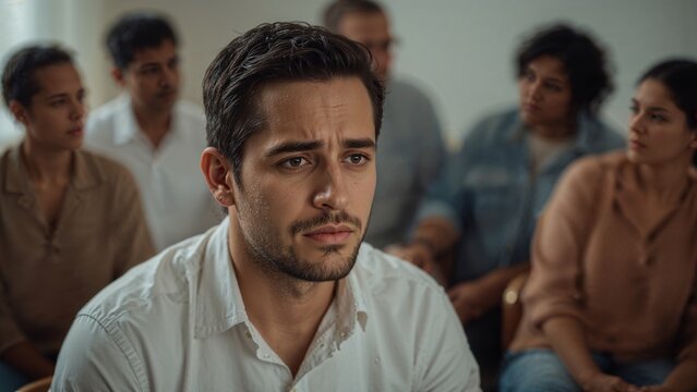 A man in a white shirt looks concerned while surrounded by a group of people in a support setting - Powered by Adobe