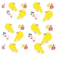 pattern with birds and berries, berries, pattern, set of berries, summer, food, vegetarian, bright, currant, yellow birds