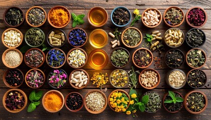 Assorted Dried Herbs and Spices in Clay Bowls on Wooden Table
