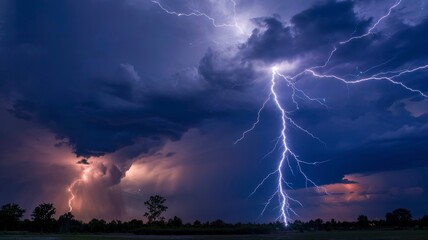 Dramatic Lightning Strike over Silhouetted Landscape at Night
