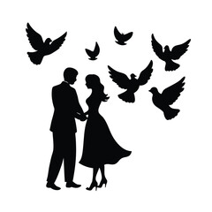  couple holding hands silhouette with doves flying