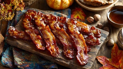 Maple glazed bacon strips arranged a wooden board rustic brunch spread