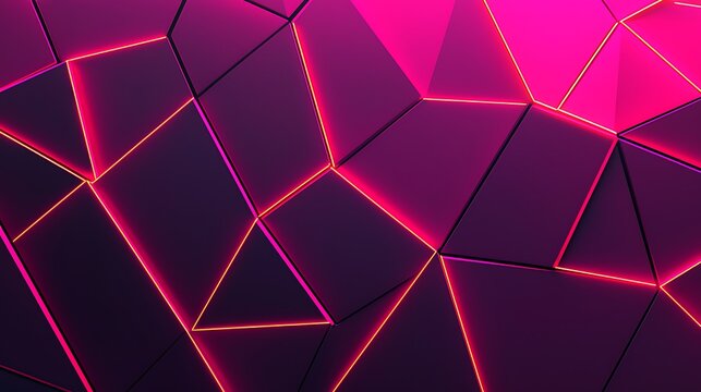 Abstract geometric shapes form a 3D pattern with glowing neon pink edges on a dark purple surface, creating a dynamic and futuristic visual effect.