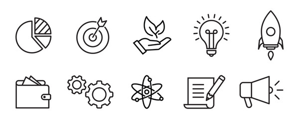 Startup line icons. Launch Project, Business report, Target icons. Strategy, Development plan, Startup space rocket. Out of the Box strategy and Business innovation report. Vector