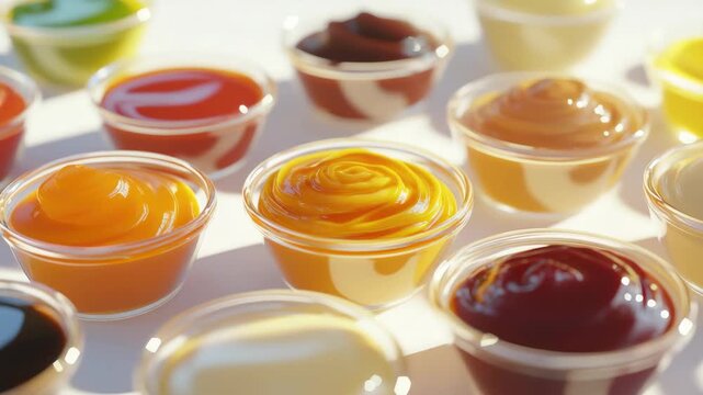 Selection of flavorful sauces in plastic containers.