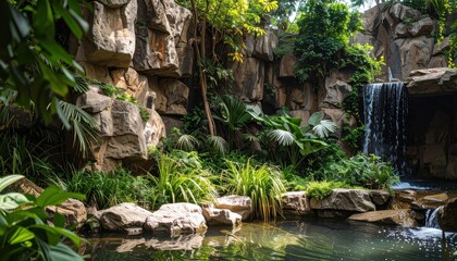 Fototapeta premium Lush Tropical Oasis with Waterfall and Rock Formation in Garden Setting