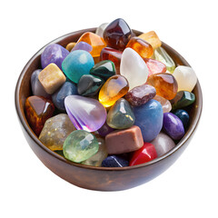 Vibrant Gemstone Collection A Colorful Array of Polished Crystals and Minerals in a Wooden Bowl