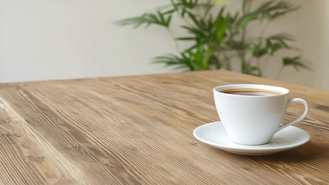 A minimalist composition features a steaming cup of coffee gracefully perched on a saucer, inviting a moment of pause and serenity amidst the rustic elegance of a wooden table.