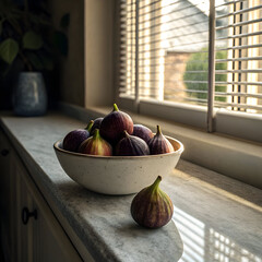 Close-up of figs in a ceramic bowl on a counter by a sunlit window.