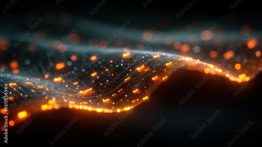 Poster a glowing wave of interconnected golden particles flows dynamically against a dark background, evoki