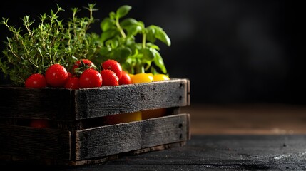 Fresh tomatoes and peppers in a wooden crate with herbs.