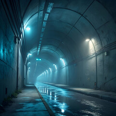 Dimly lit underground tunnel with cool blue fluorescent lights and damp walls.