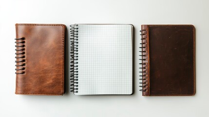 Three brown leather notebooks, one open to blank grid paper, on white background.