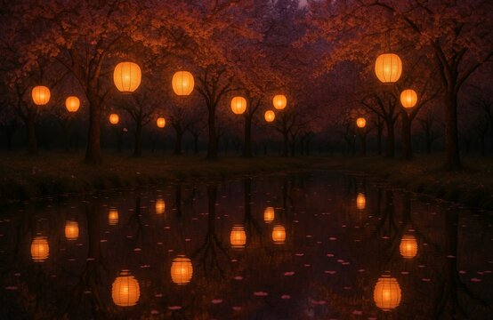 Floating Paper Lanterns in Cherry Blossom Orchard Reflecting in Twilight Pond