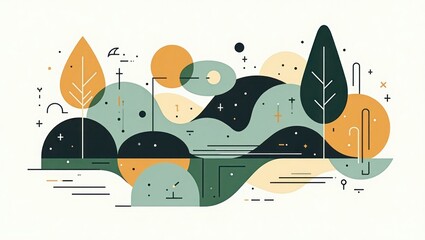 Minimalist Nature Landscape and Foliage Illustration – Modern Flat Design of Trees, Hills, and Sun